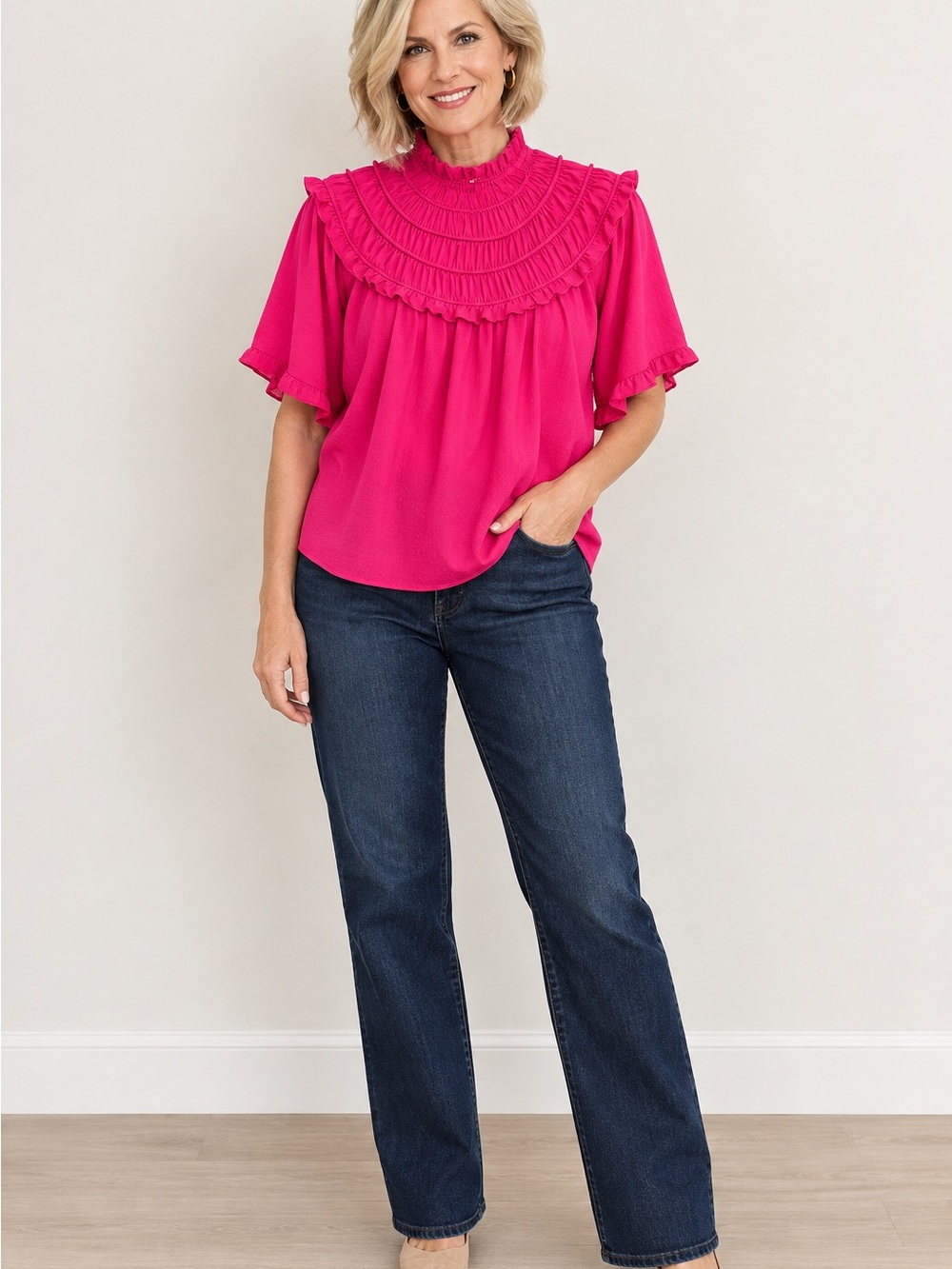 entro Hot Pink Ruffle Yoke Blouse